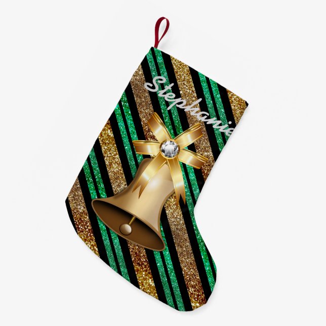 Golden Bell Green Gold & Black Faux Glitter Small Christmas Stocking (Front (Hanging))