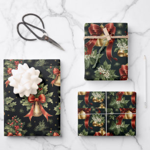 Golden Bells  and Holly Leaves Wrapping Paper Sheet