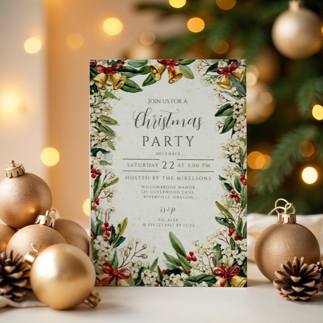Golden Bells Holly Christmas Invitation (Creator Uploaded)
