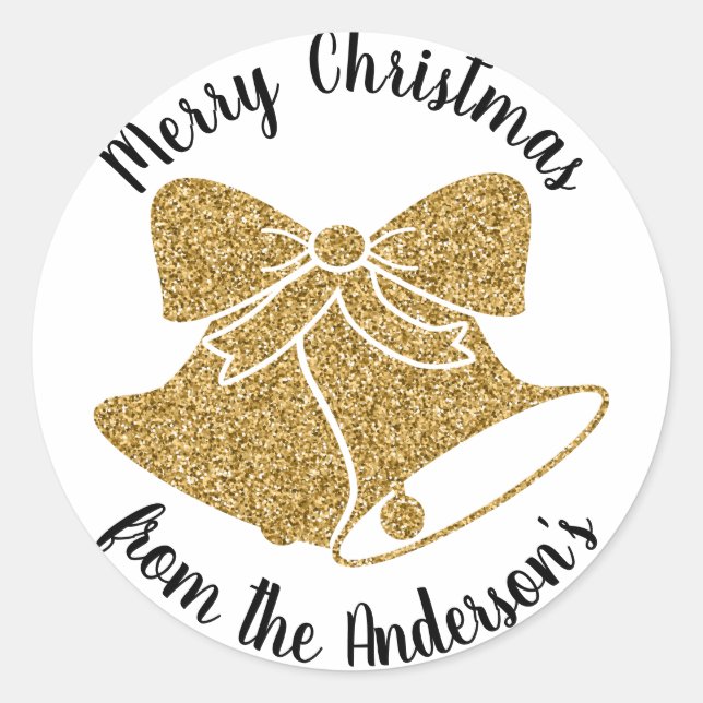 Golden Bells Merry Christmas Holiday Classic Round Sticker (Front)