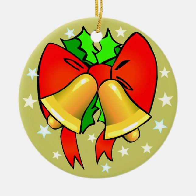 Golden Bells Red Bows Green Holly Christmas Ceramic Ornament (Front)