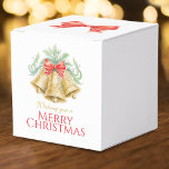 Golden bells watercolor green red christmas  favor box<br><div class="desc">Add a touch of elegance to your Christmas holiday tables with these three golden bells event favour boxes, pretty golden coloured bells and greenery foliage with a bright red bow, currently reads Wishing you a Merry Christmas or you can customize with your own festive holiday greeting. Other colours and matching...</div>