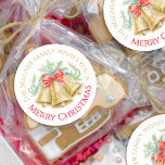 Golden bells watercolor red bow Merry Christmas Classic Round Sticker<br><div class="desc">Add a touch of elegance to your Christmas gifts with these three golden bells holiday season stickers, pretty gold coloured bells and greenery foliage with a bright red bow. Personalize with your own family name or business and choice of greeting. Other colours and matching items are available or can be...</div>