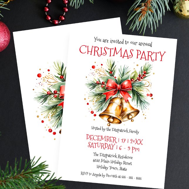 Golden Bells with Red Bow and Pine Christmas  Invitation (Creator Uploaded)