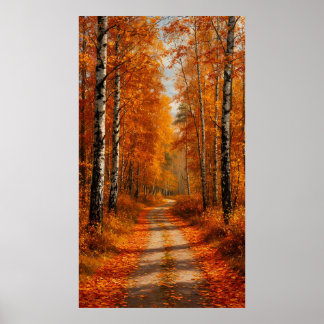 🍂 Golden Birch Forest Path in Soft Autumn Light ✨ Poster