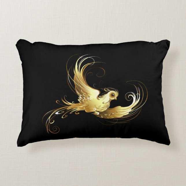 Golden Bird on Black Background Accent Pillow (Front)