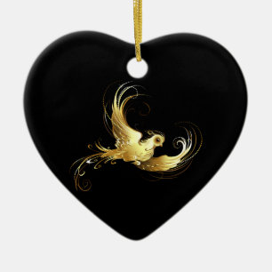 Golden Bird on Black Background Ceramic Ornament
