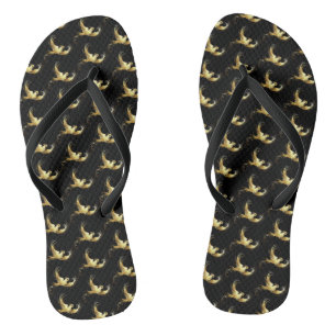 Golden Bird on Black Background Flip Flops