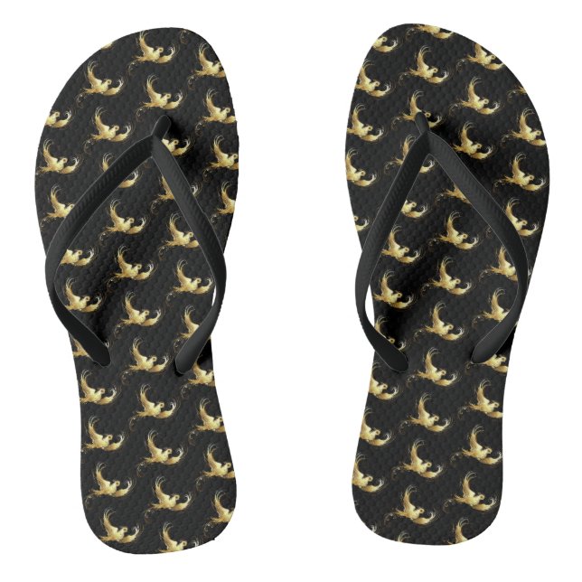 Golden Bird on Black Background Flip Flops (Footbed)