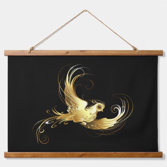 Golden Bird on Black Background Hanging Tapestry (Front)