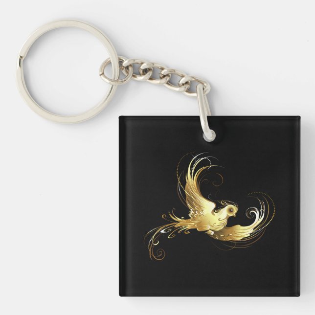 Golden Bird on Black Background Keychain (Front)