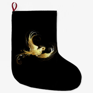 Golden Bird on Black Background Large Christmas Stocking