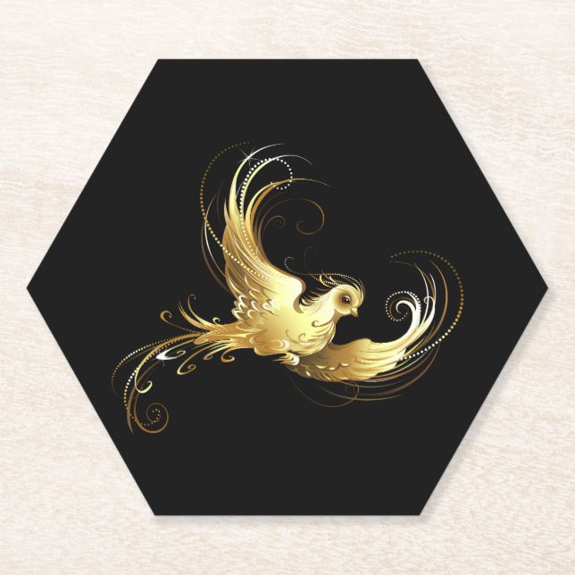 Golden Bird on Black Background Paper Coaster (Front)