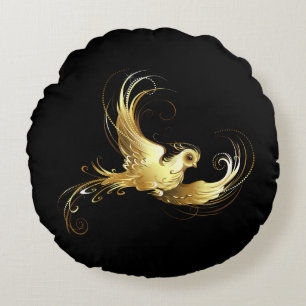 Golden Bird on Black Background Round Pillow
