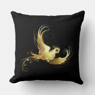 Golden Bird on Black Background Throw Pillow