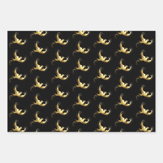 Golden Bird on Black Background Wrapping Paper Sheet (Front)