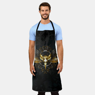 Golden Bird Skull on Black background Apron