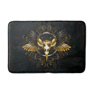 Golden Bird Skull on Black background Bath Mat