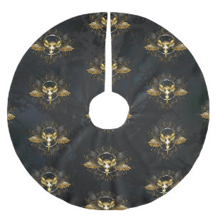 Golden Bird Skull on Black background Brushed Polyester Tree Skirt