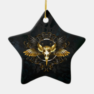 Golden Bird Skull on Black background Ceramic Ornament