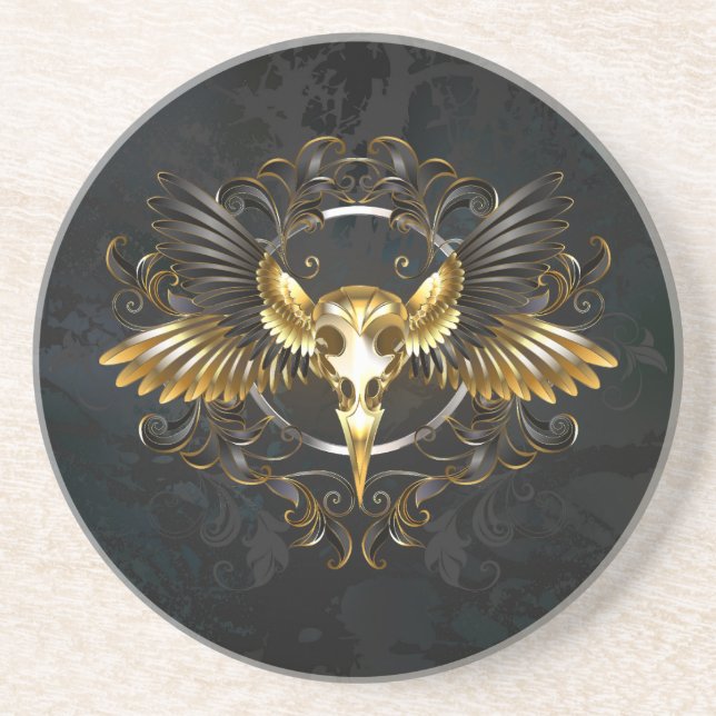 Golden Bird Skull on Black background Coaster (Front)