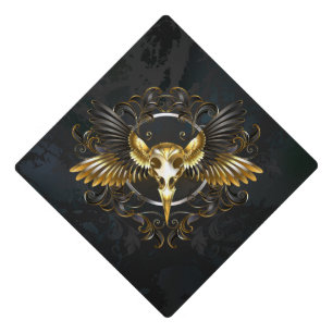 Golden Bird Skull on Black background Graduation Cap Topper