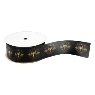 Golden Bird Skull on Black background Grosgrain Ribbon