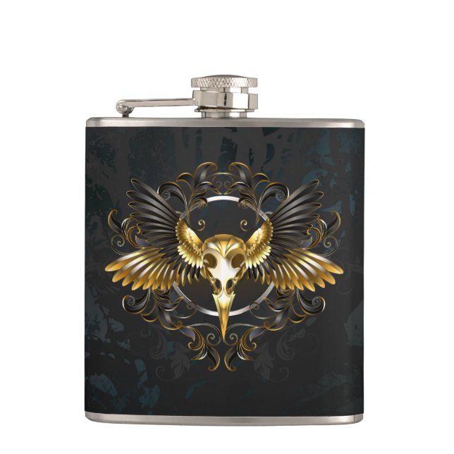 Golden Bird Skull on Black background Hip Flask (Front)