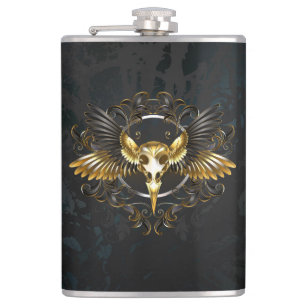 Golden Bird Skull on Black background Hip Flask