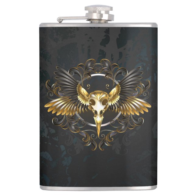 Golden Bird Skull on Black background Hip Flask (Front)