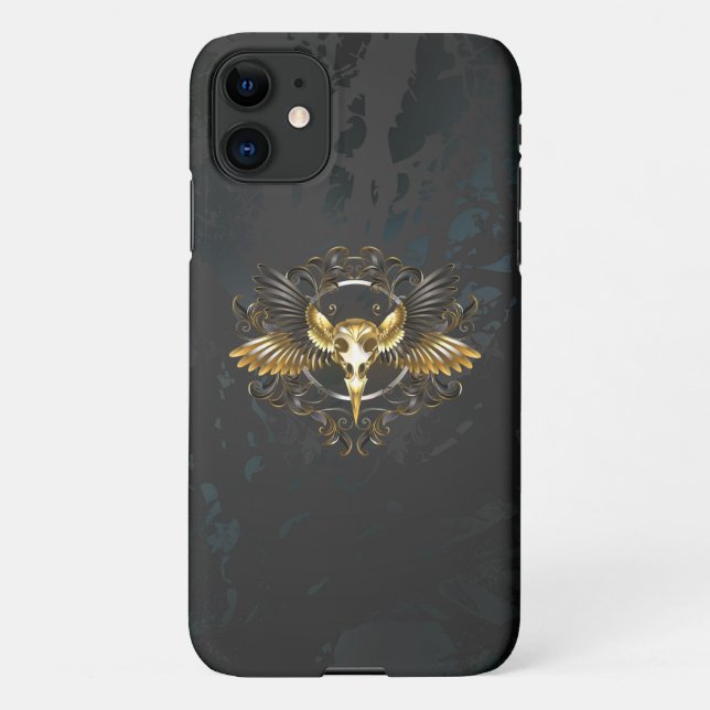 Golden Bird Skull on Black background iPhone Case (Back)