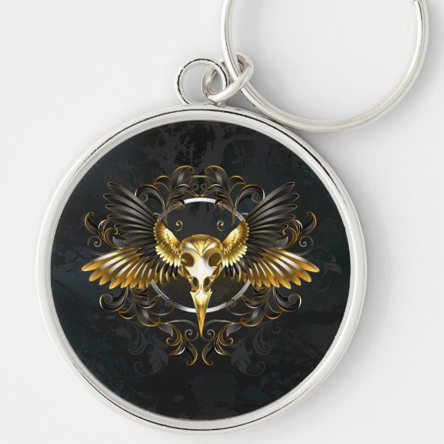 Golden Bird Skull on Black background Keychain (Front)