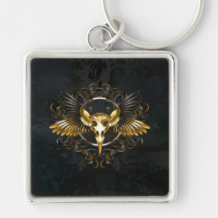 Golden Bird Skull on Black background Keychain