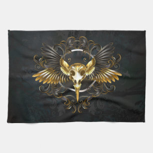 Golden Bird Skull on Black background Kitchen Towel