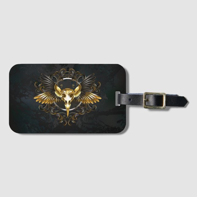 Golden Bird Skull on Black background Luggage Tag (Front Horizontal)