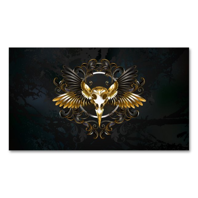 Golden Bird Skull on Black background Magnetic Business Card (Front)