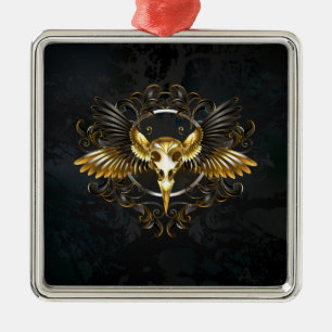 Golden Bird Skull on Black background Metal Ornament