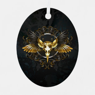 Golden Bird Skull on Black background Metal Ornament