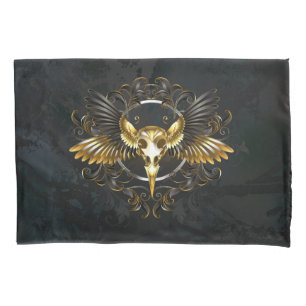 Golden Bird Skull on Black background Pillowcase