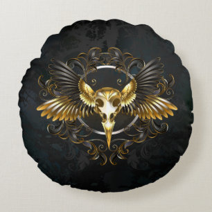 Golden Bird Skull on Black background Round Pillow