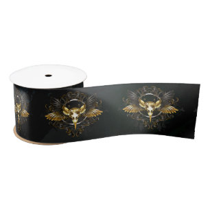 Golden Bird Skull on Black background Satin Ribbon