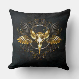 Golden Bird Skull on Black background Throw Pillow