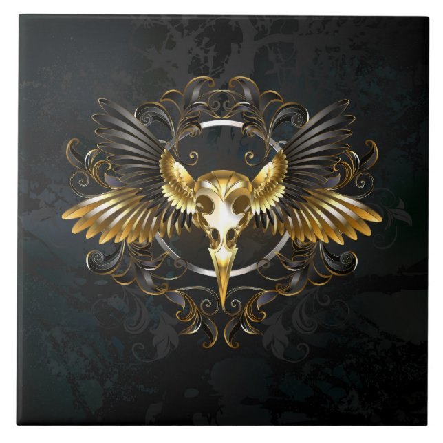 Golden Bird Skull on Black background Tile (Front)