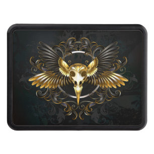 Golden Bird Skull on Black background Trailer Hitch Cover