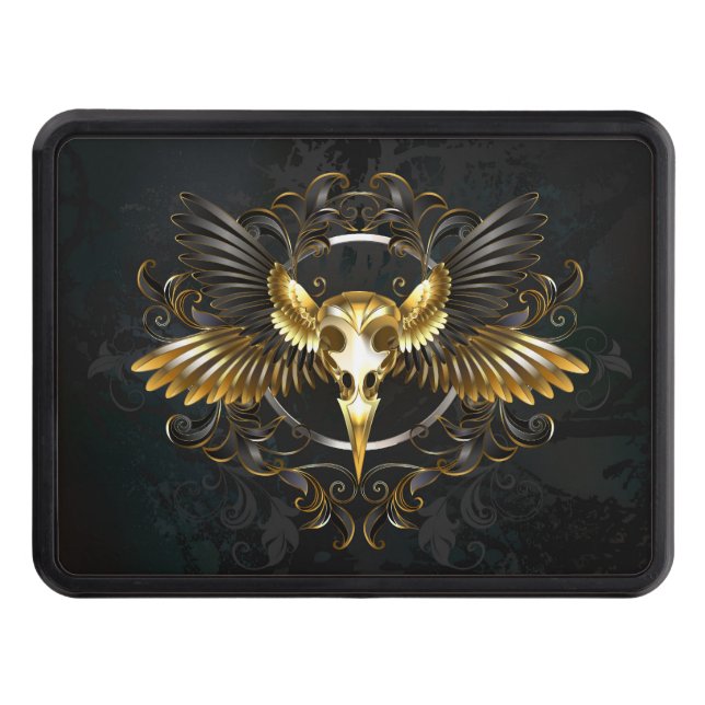 Golden Bird Skull on Black background Trailer Hitch Cover (Front)