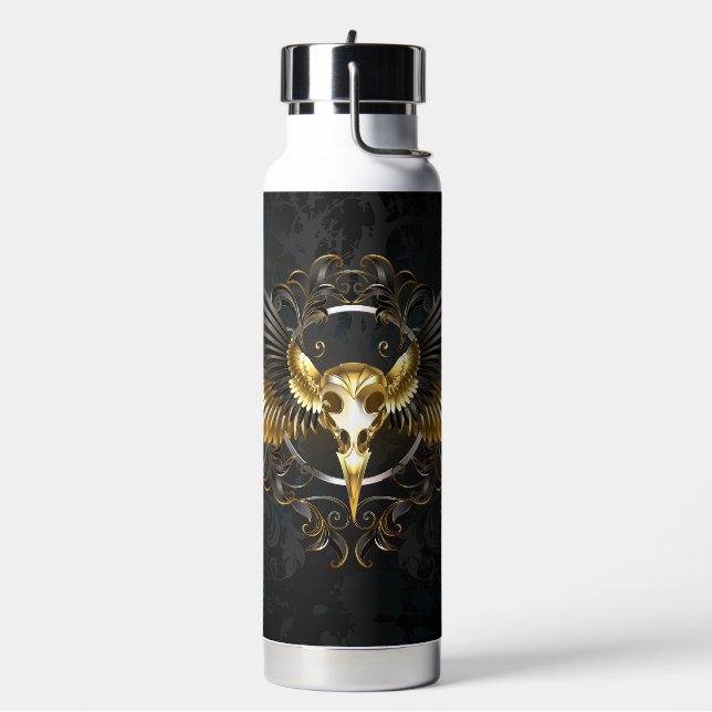 Golden Bird Skull on Black background Water Bottle (Left)