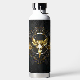Golden Bird Skull on Black background Water Bottle