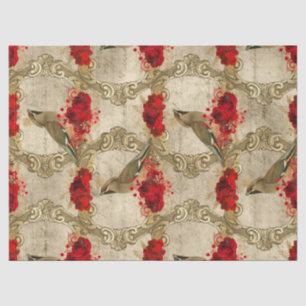 Golden Birds and Red Floral Decoupage Tissue Paper