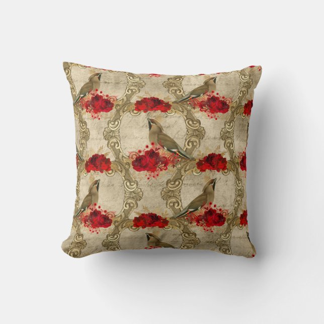 Golden Birds and Red Floral Throw Pillow (Front)