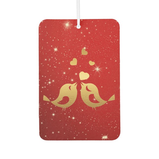 Golden Birds Hearts Red Shiny Beautiful Rustic Air Freshener (Front)